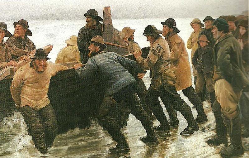 Michael Ancher fiskere ifard med at satte en rorsbad i vandet